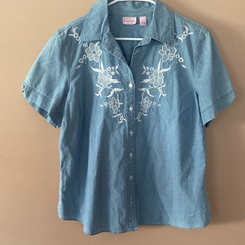 Vintage Light Blue Embroidered Denim Button-Down Shirt
